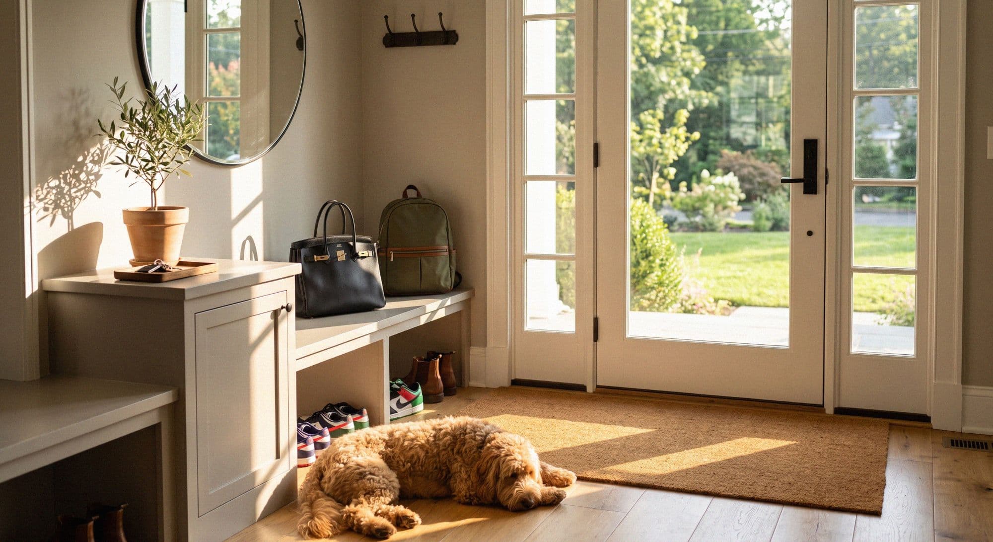 A hallway at the start of the day, bags ready by the door