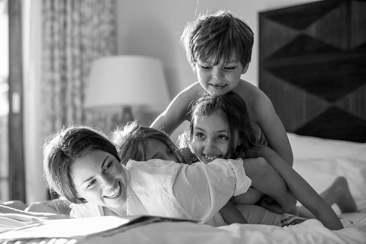 A slow family morning, photographed in black and white