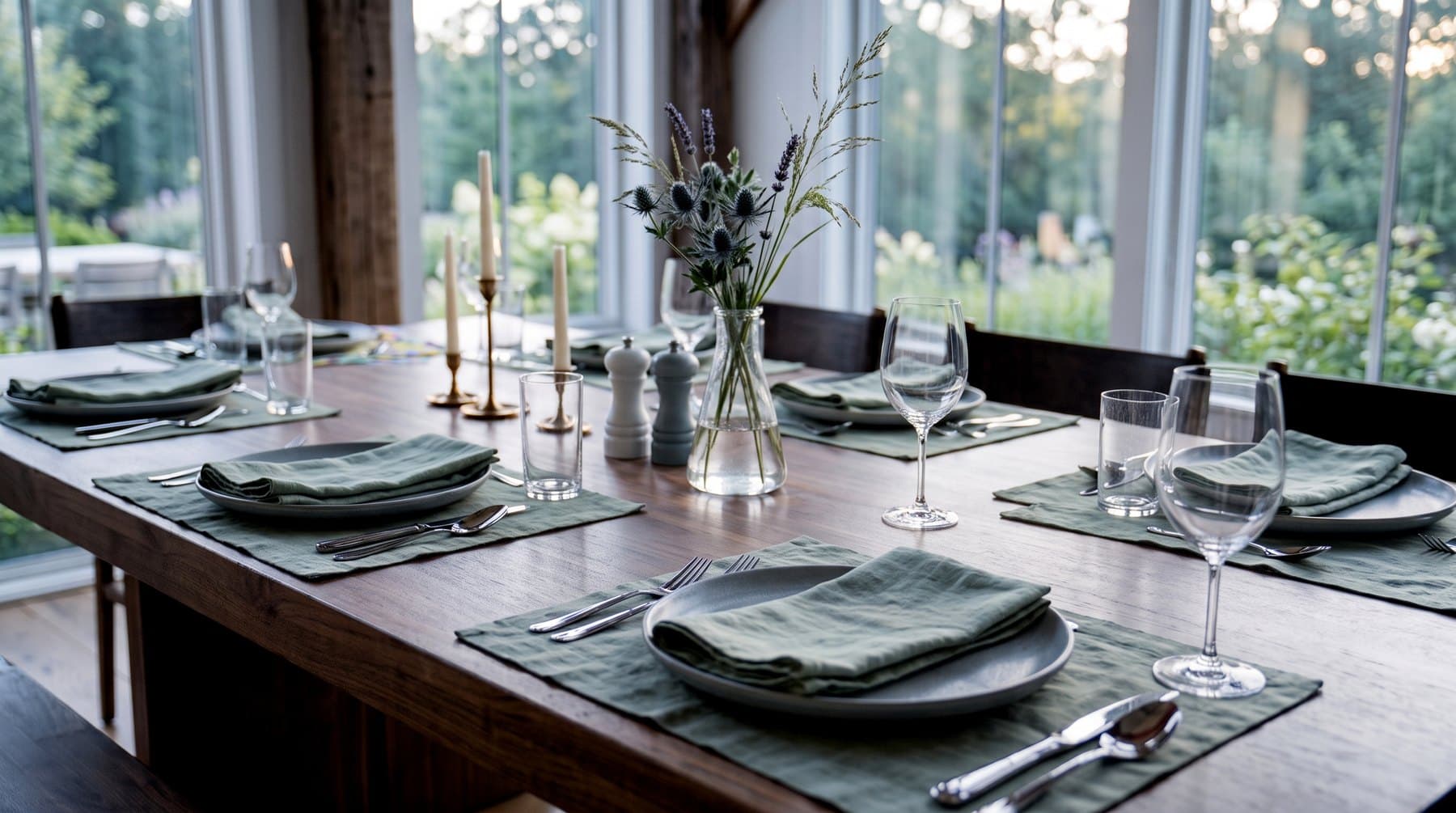 A dinner table set with linen, candles, and garden flowers