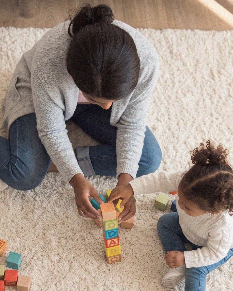 A nanny and a small child building a tower of blocks