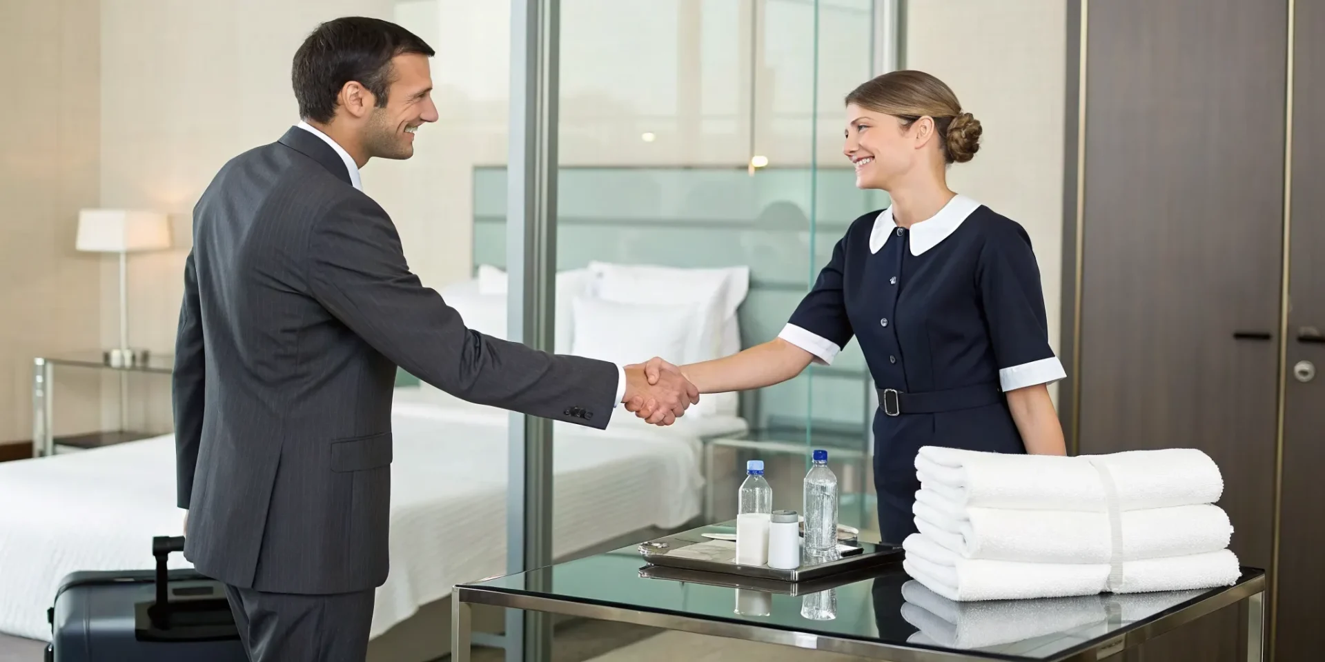 An executive shakes hands with a newly hired housekeeper after a successful recruitment.
