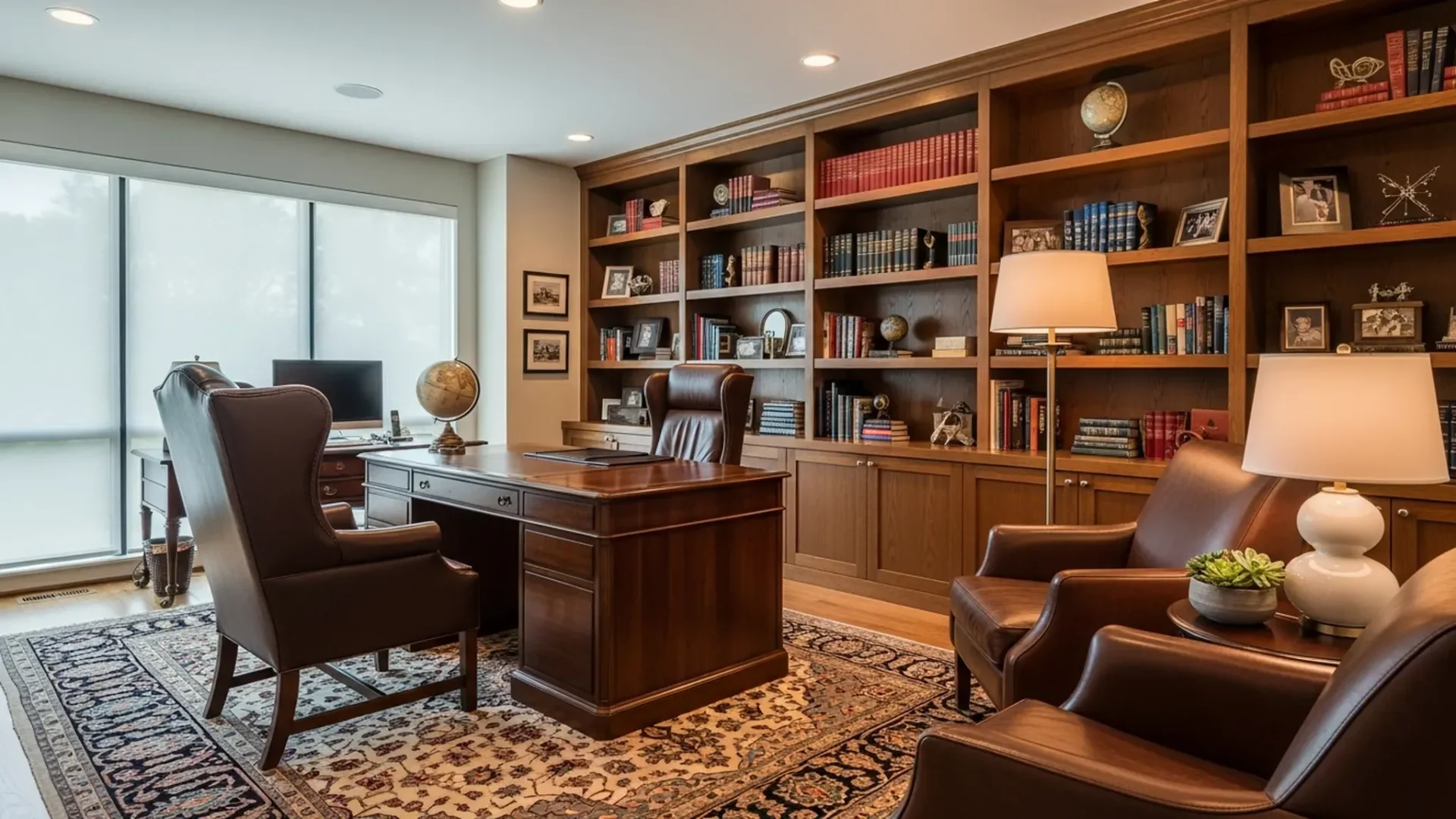 Professional family office with executive desk and bookshelves
