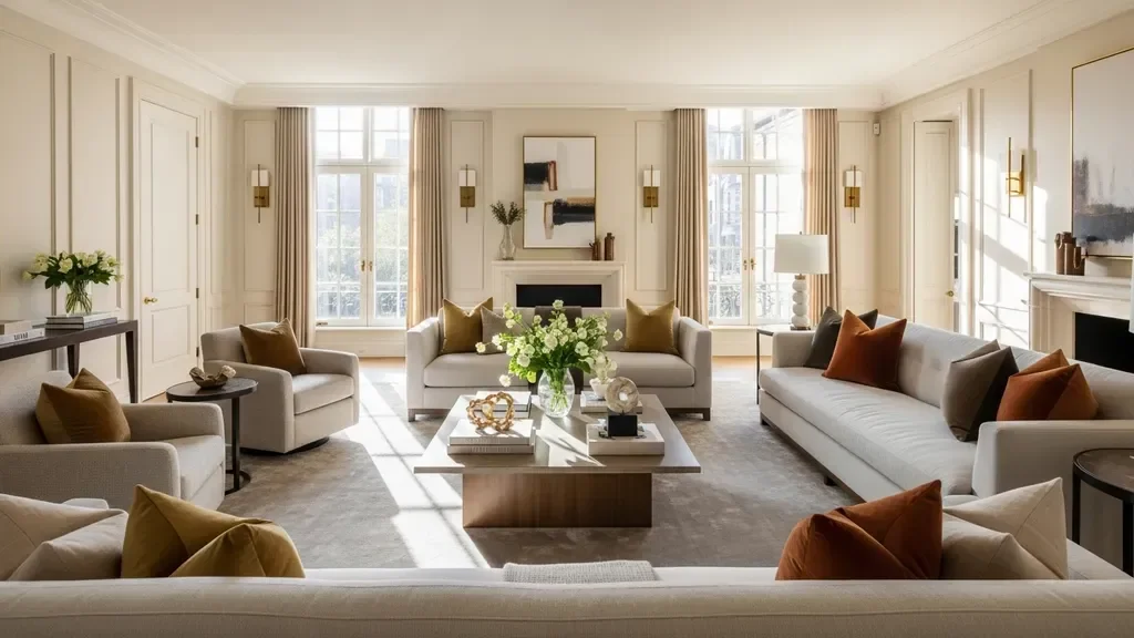 Elegant luxury home interior with natural light and warm decor representing private household staffing