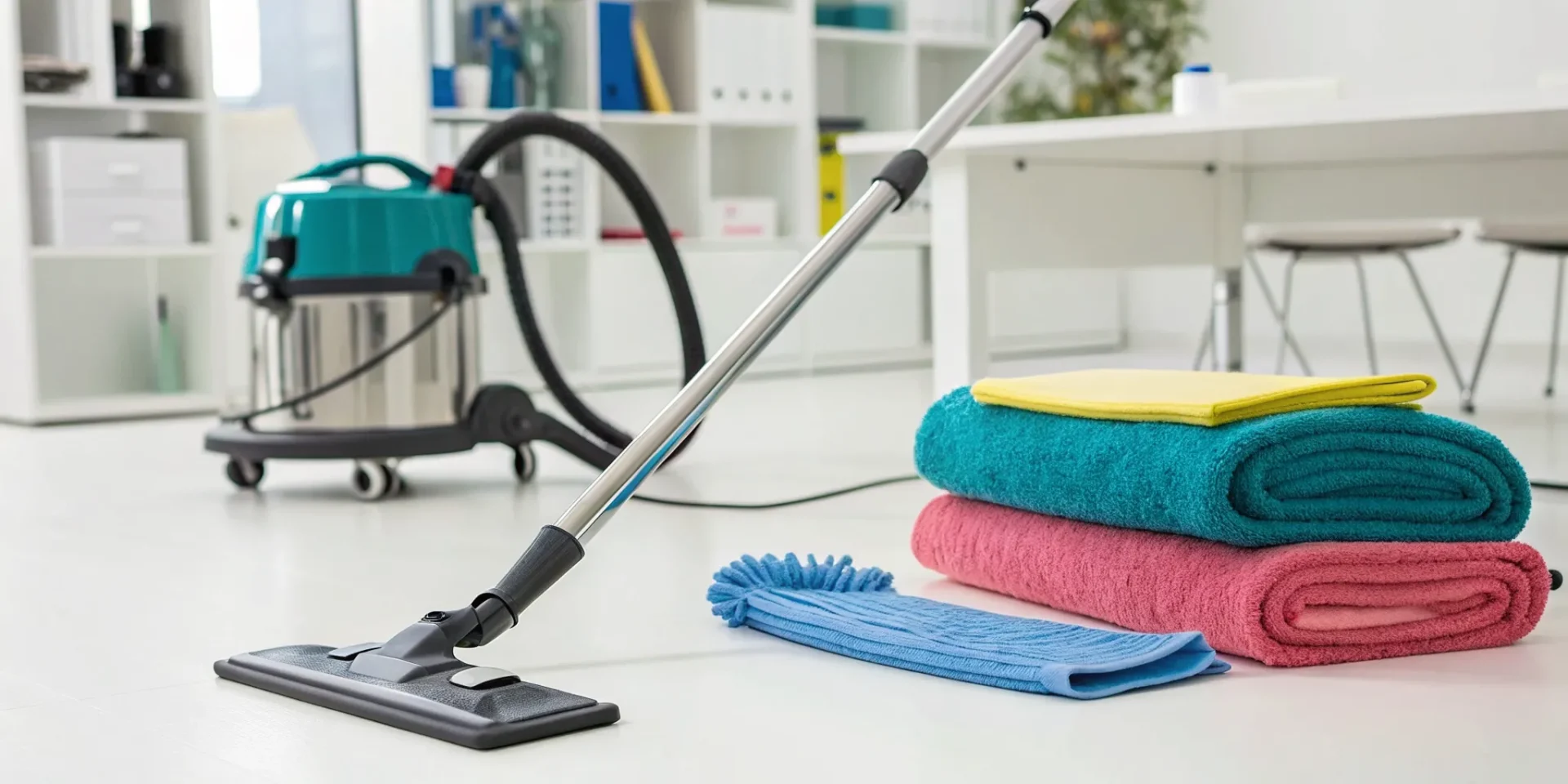 Vacuum cleaner and folded towels on a spotless floor from a professional cleaning and housekeeping service.