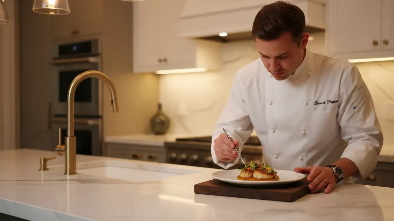 Private chef plating an elegant dish in a luxury home kitchen