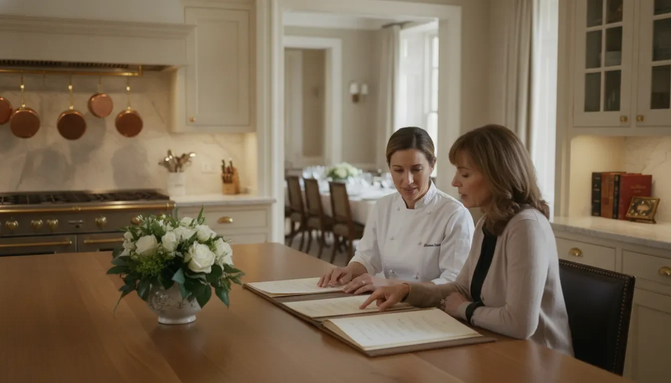 Private chef and client discussing menus in an elegant home kitchen