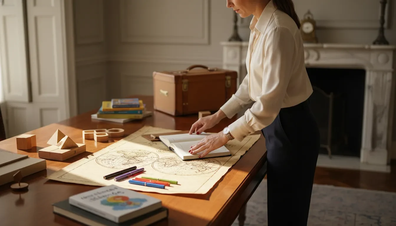 Private educator for traveling families preparing portable lessons in a residence