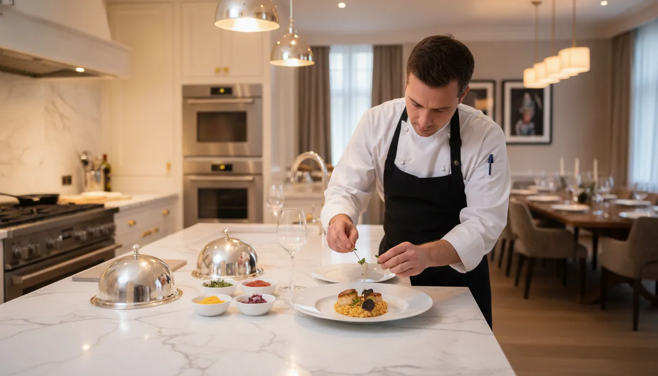 Professional private chef plating a gourmet meal in a luxury home kitchen