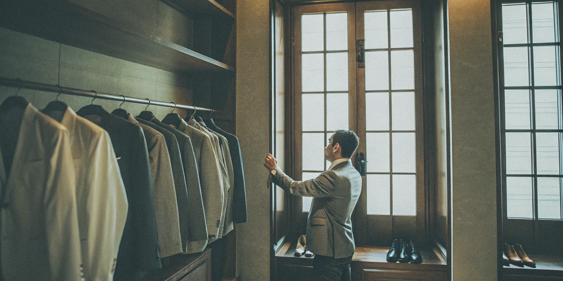Personal valet arranging a gentleman's wardrobe in a refined dressing room with tailored suits and polished leather shoes