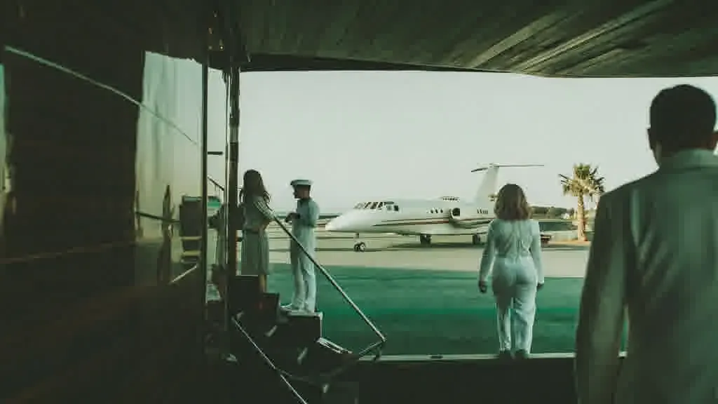 Luxury superyacht docked at a Mediterranean port with crew on deck and a private jet on the tarmac, illustrating UHNW household yacht and aviation staffing needs.